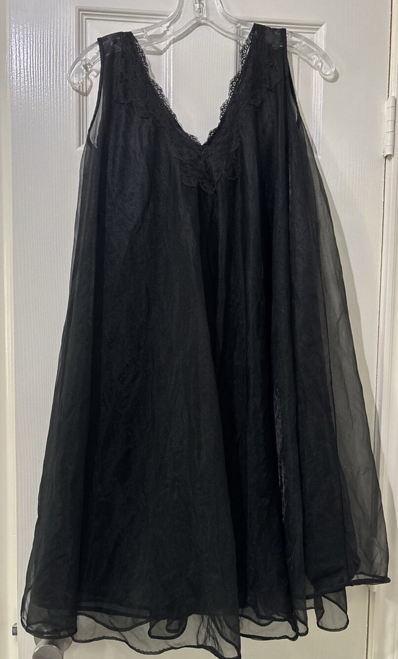 Vintage 60s 70s Black Chiffon Peignor Babydoll Nightgown Size Small Sheer Lace